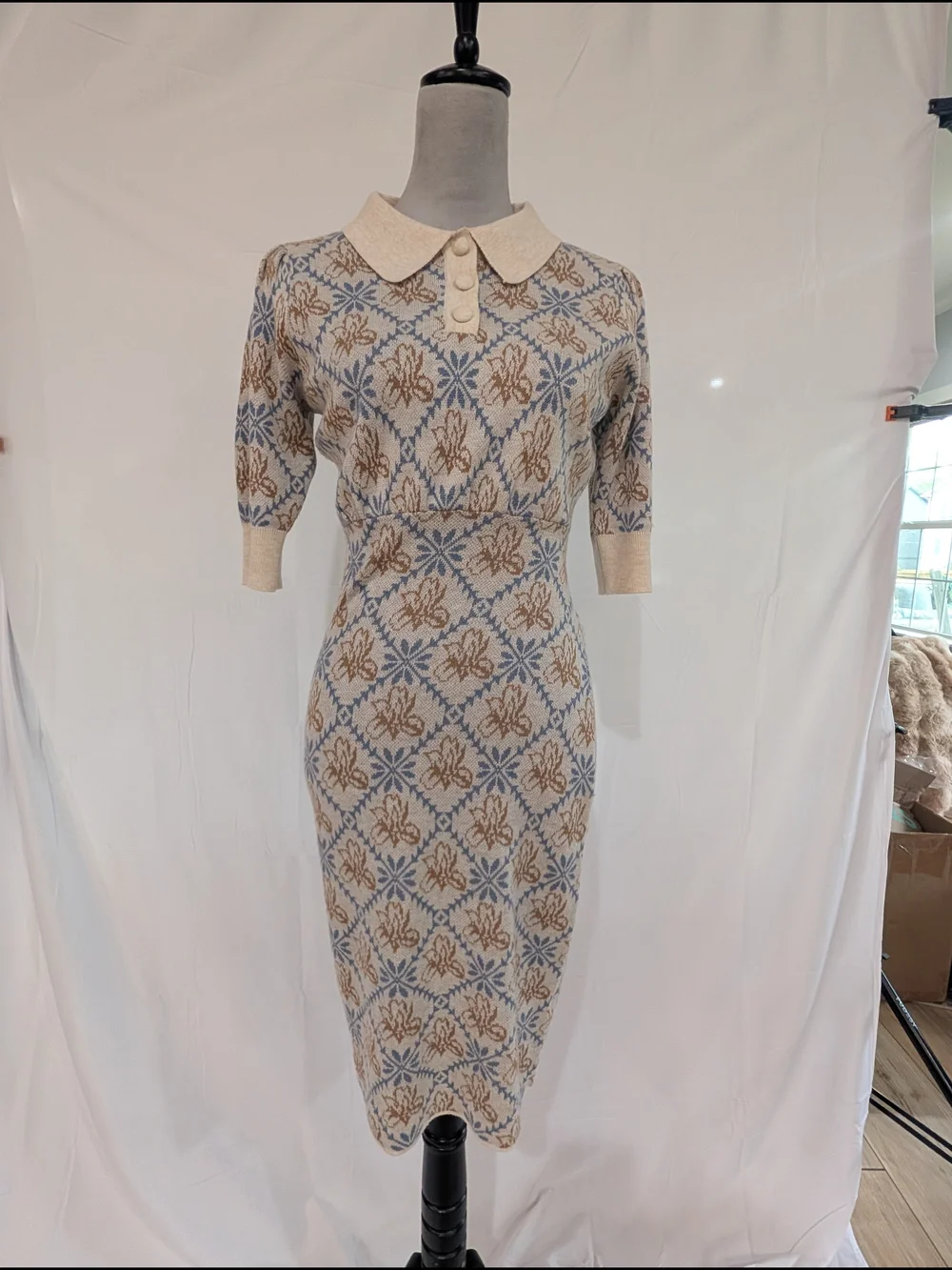 Simple Retro Knit Sweater Midi Dress with Peter Pan Collar Size Small - Picture 2 of 9